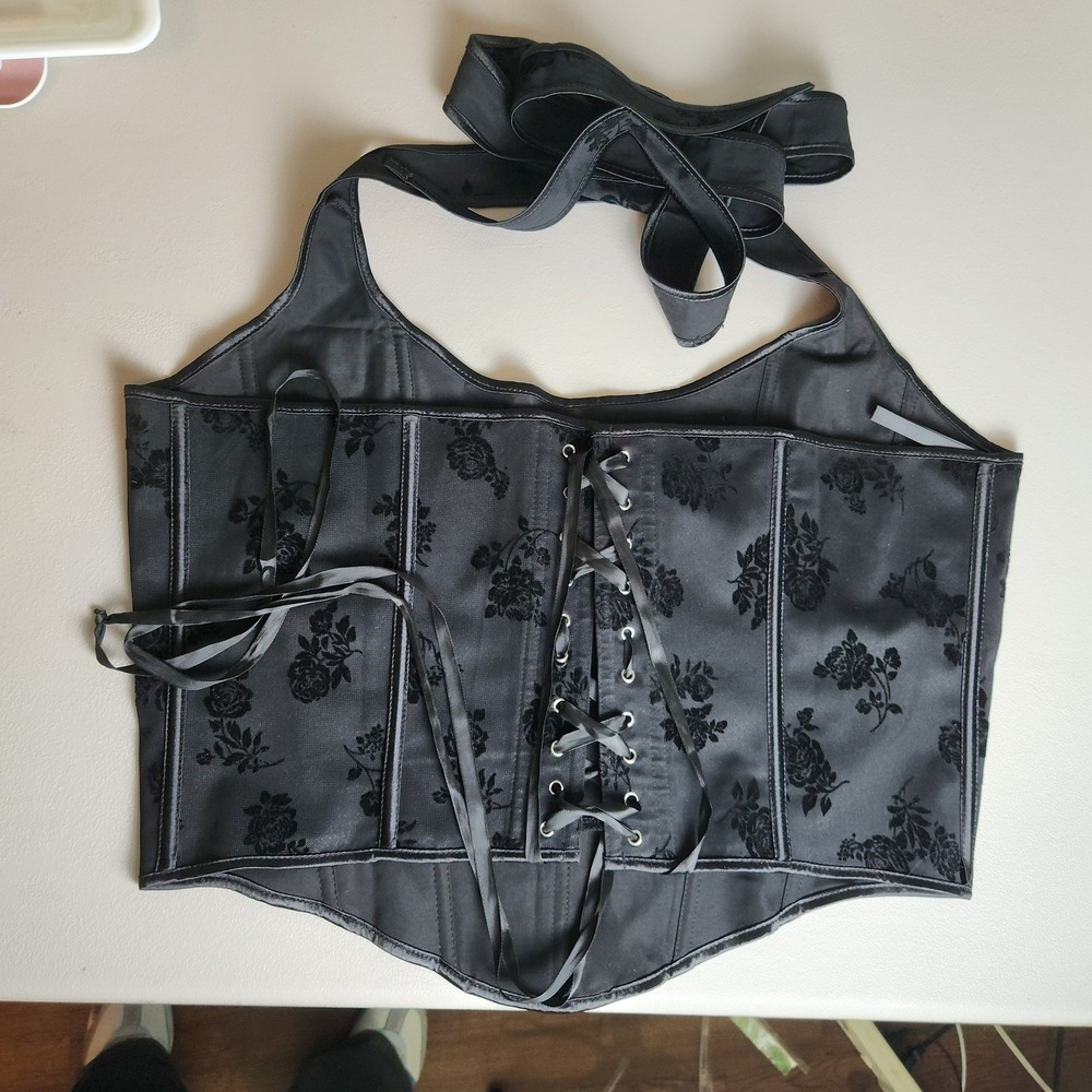 Black Flocked Rose Corset Top 3XL Lace Up Halter Gothic Renaissance Festival